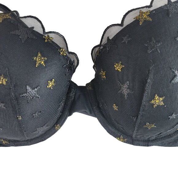 Victoria's Secret Lined Demi Bra Black 36C Lace Gold Stars Mesh Wing Plunge - Picture 3 of 11